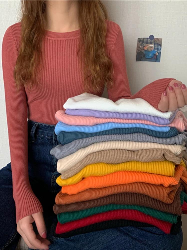 Nouveau Pull Femme 2026 Automne Hiver Manches Longues Col Rond Élastique Tricoté Uni Tendance