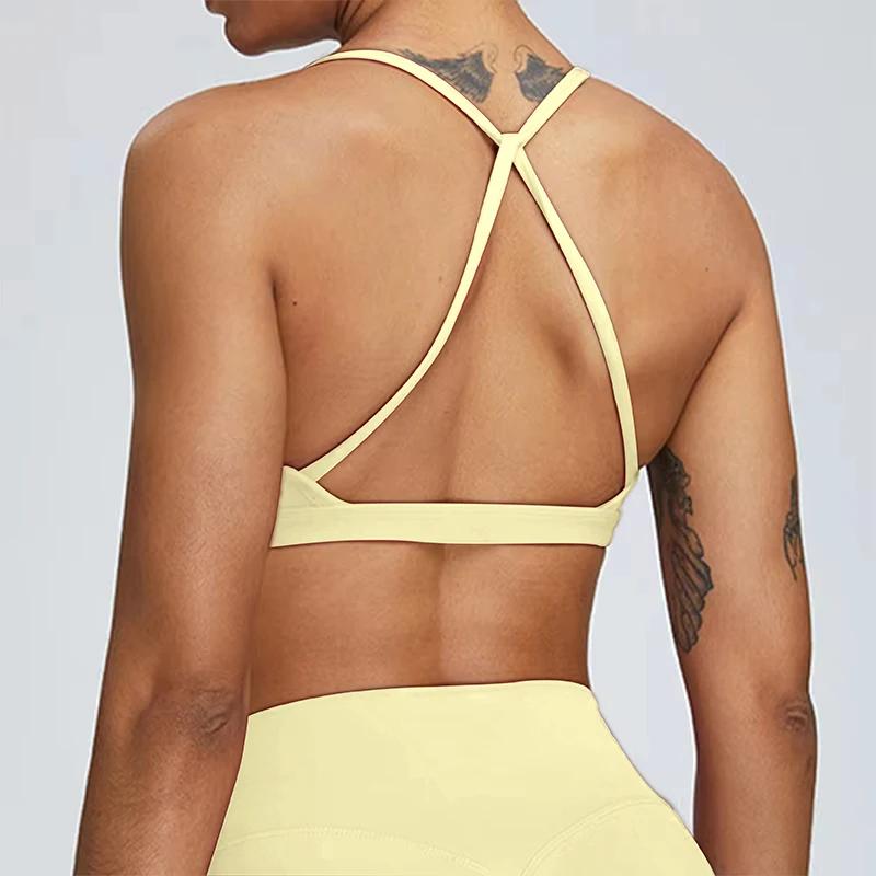 Soutien-gorge de sport sexy froncé pour femme, haut de gym, haut de course à dos croisé, vêtements d