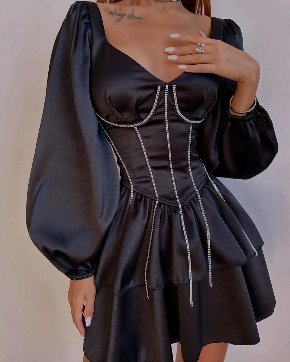 Robe de soirée élégante en satin noir, col en V unique, manches longues, robes de soirée formelles a