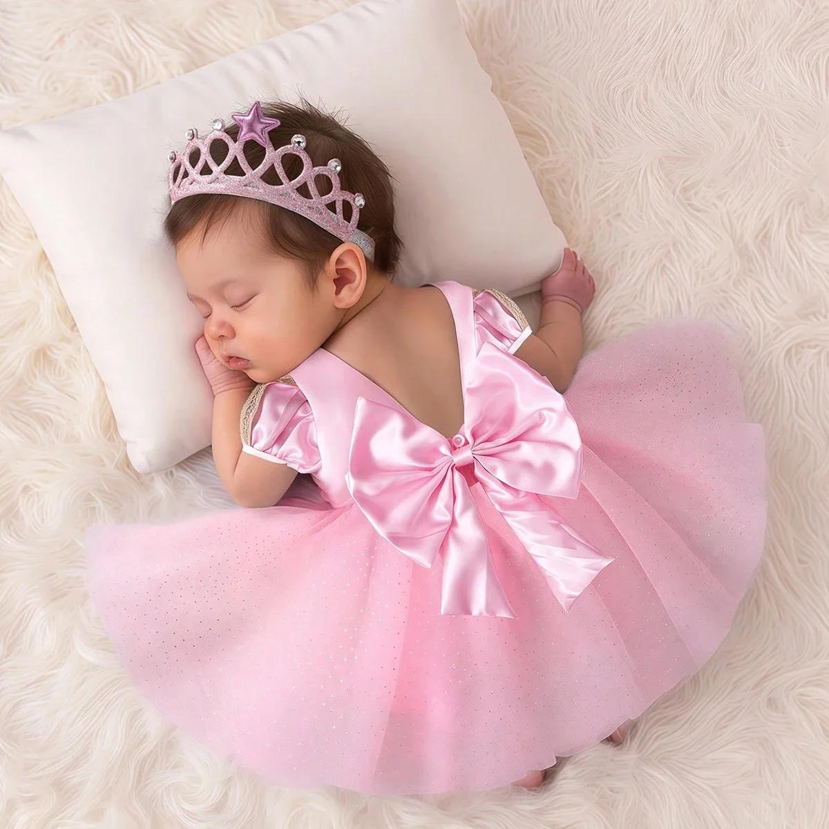 Ysteed nouveau-né nœud en mousseline de soie princesse robe rose bébé fille Photoshoot Costume acces