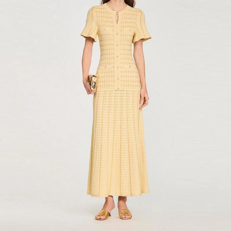 Nouvelle Robe Midi Élégante en Tweed Bleu Marine pour Femme 2026, Manches Courtes, Effet Deux Pièces