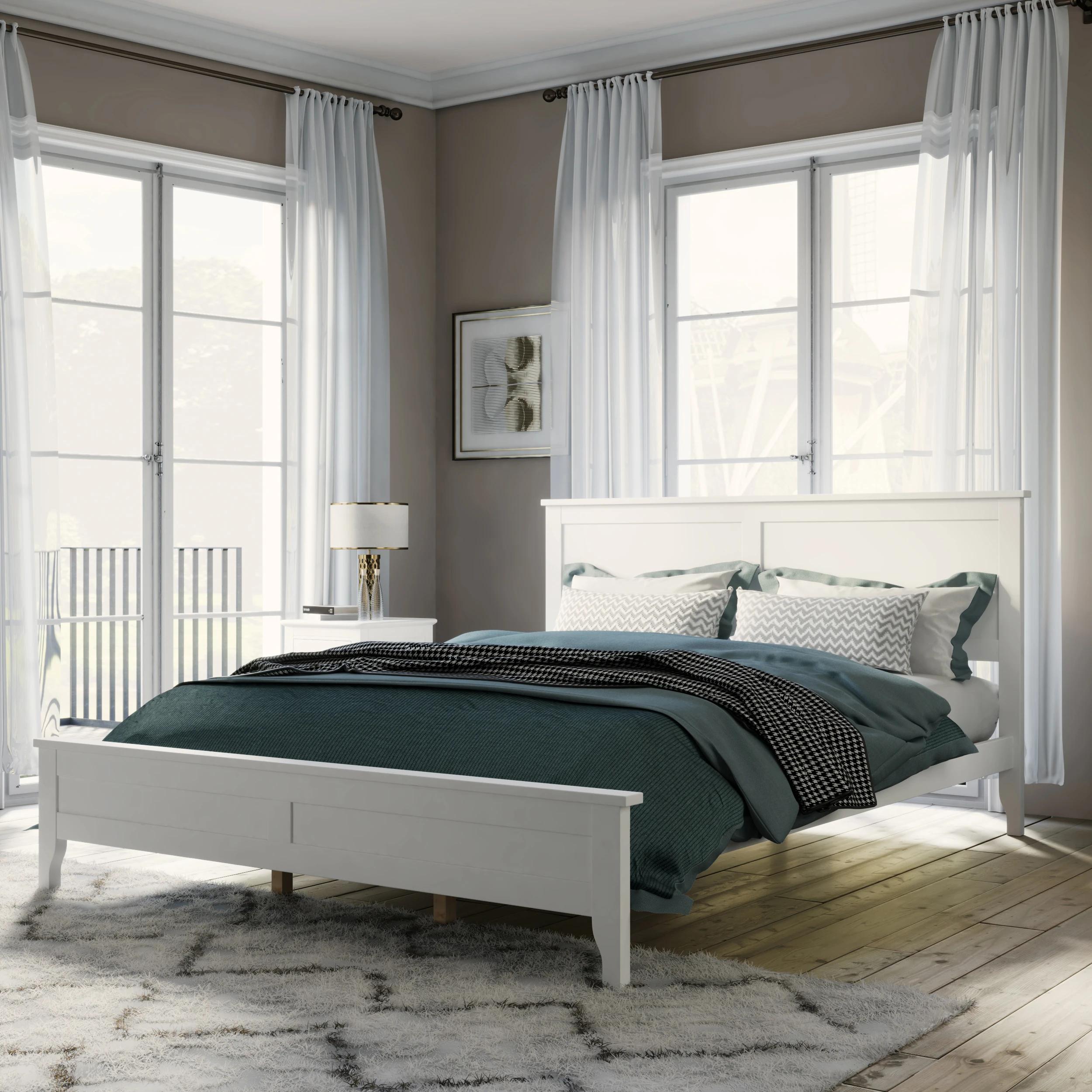 Lit à plateforme moderne en bois massif blanc, queen size