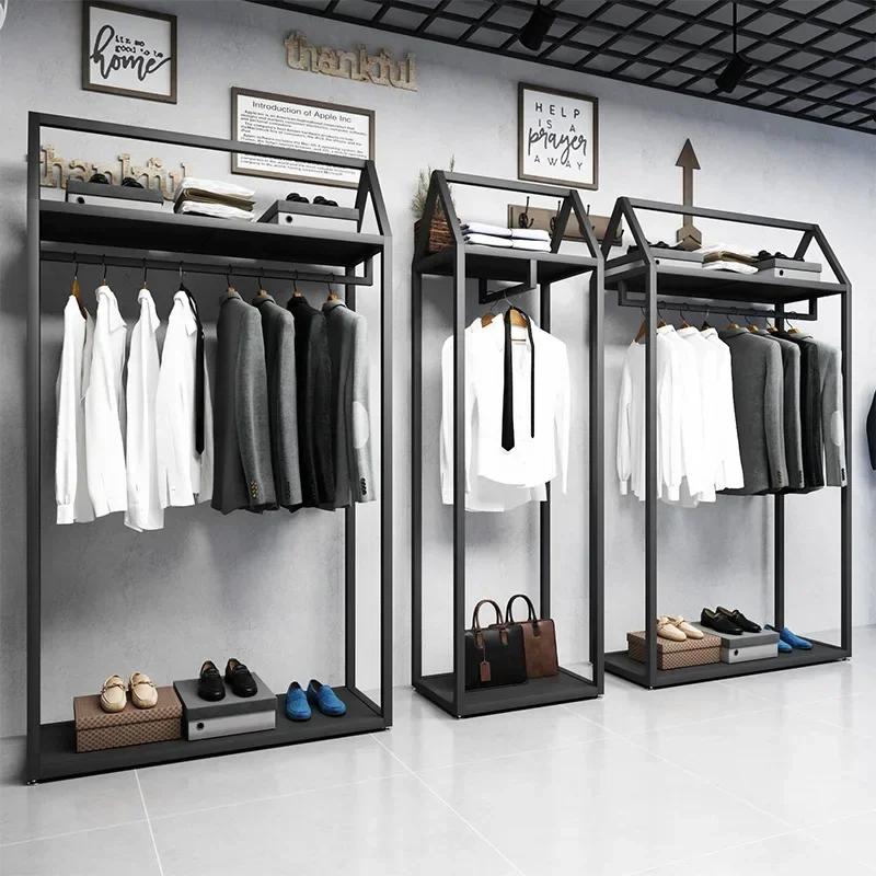 Étagère de présentation pour magasin de vêtements pour hommes, noire, double niveau, sur pied, pour