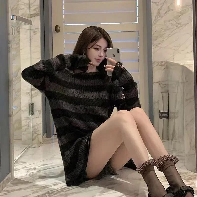 Nouveau automne Punk gothique Long unisexe pull femmes rayé Cool évider trou cassé pull ample Rock m