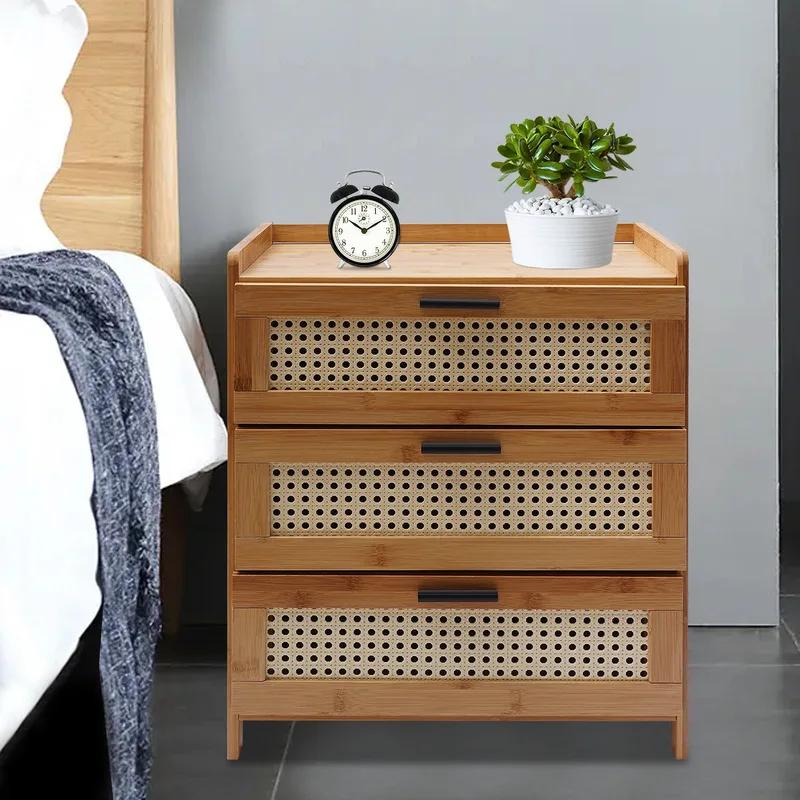 Table de chevet en bois de bambou à 3 tiroirs, armoire de rangement, meuble de chevet de chambre à c
