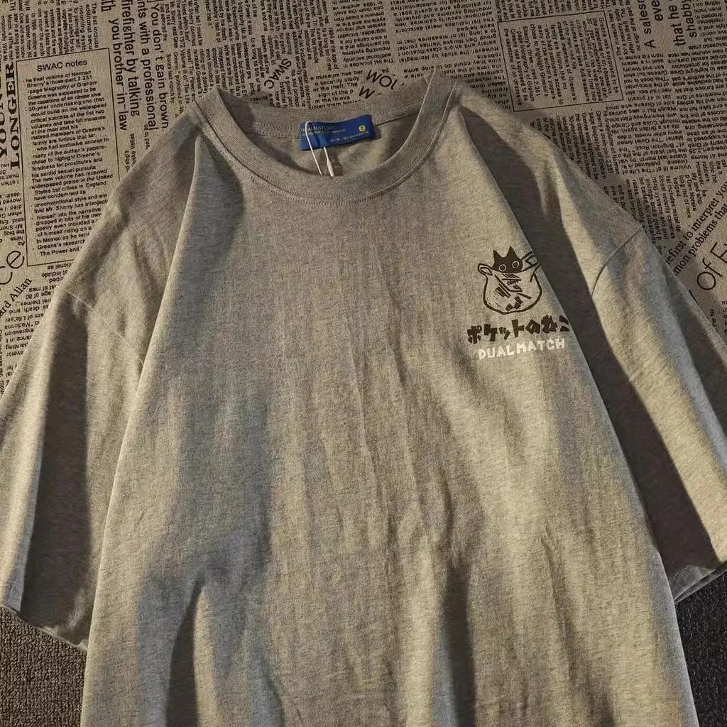 Été japonais rétro poche chat dessin animé imprimé à manches courtes T-shirt hommes femmes Couples u