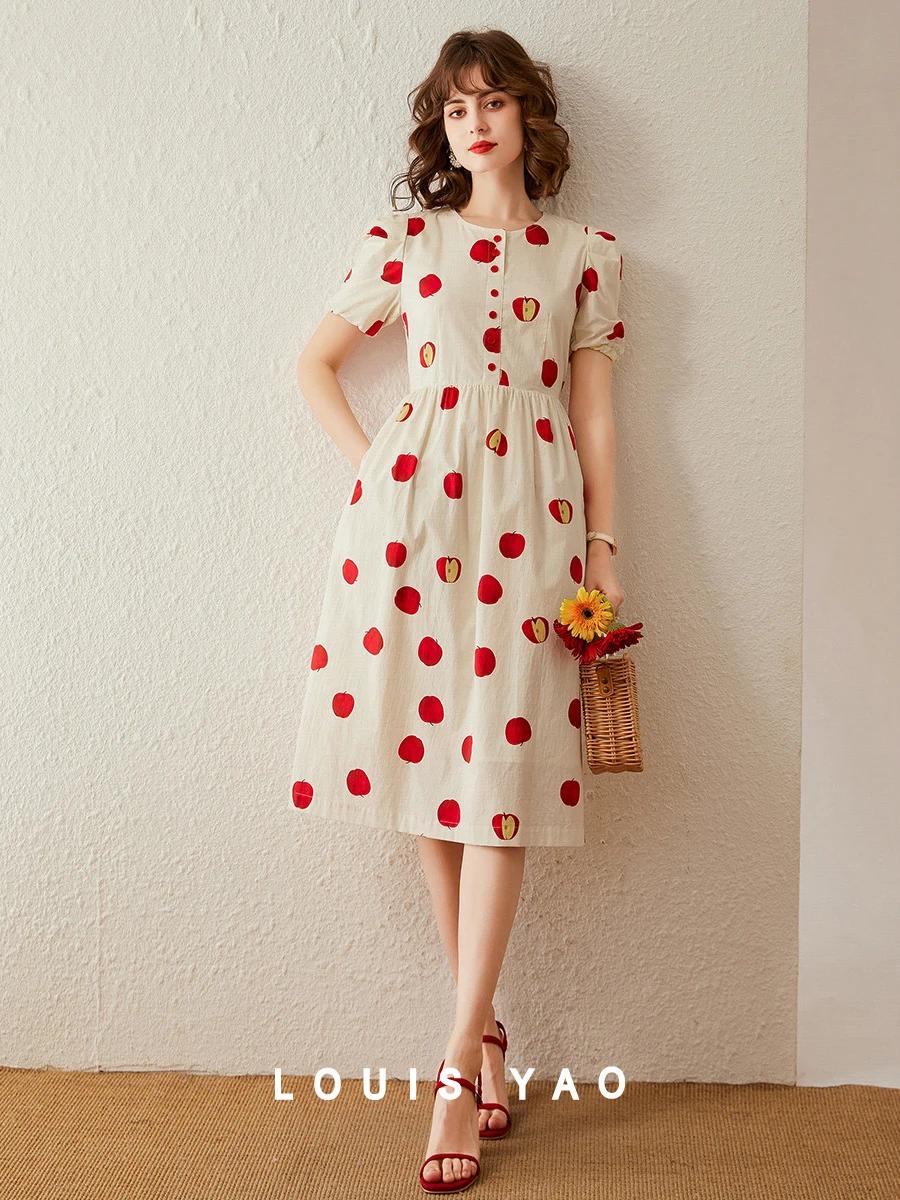 Modiis Yao-Robe longue trapèze pour femme, tenue élégante, imprimée pomme, col rond, manches courtes