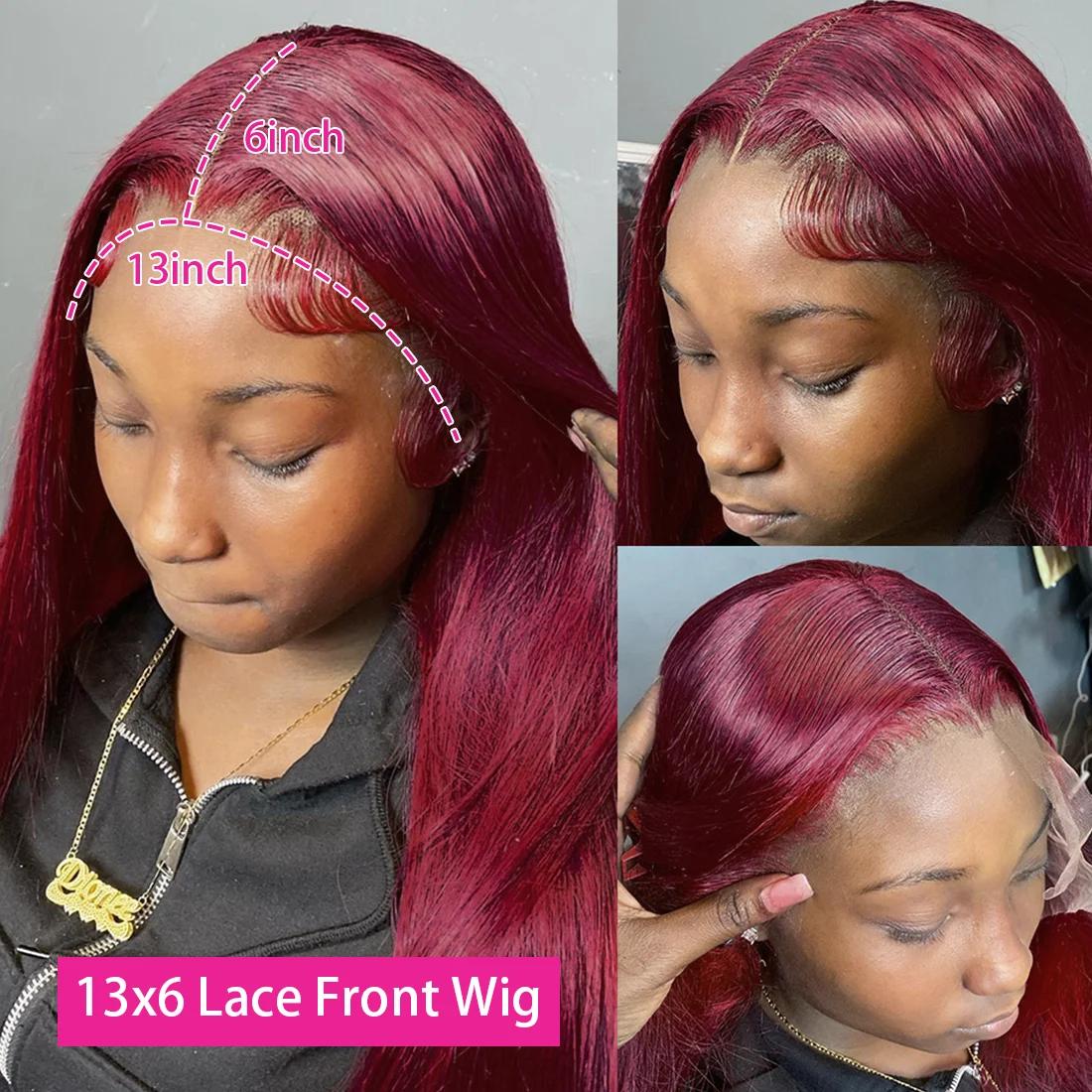 Perruque Lace Front Wig sans colle naturelle, cheveux lisses, rouge bordeaux 99J, 13x6, 13x4 HD, 30