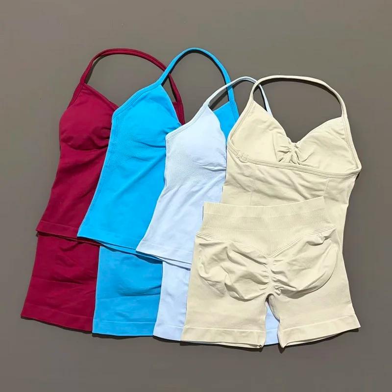 Yoga 2 pièces ensemble de gymnastique femmes dos nu haut à licou taille haute sans couture Shorts co