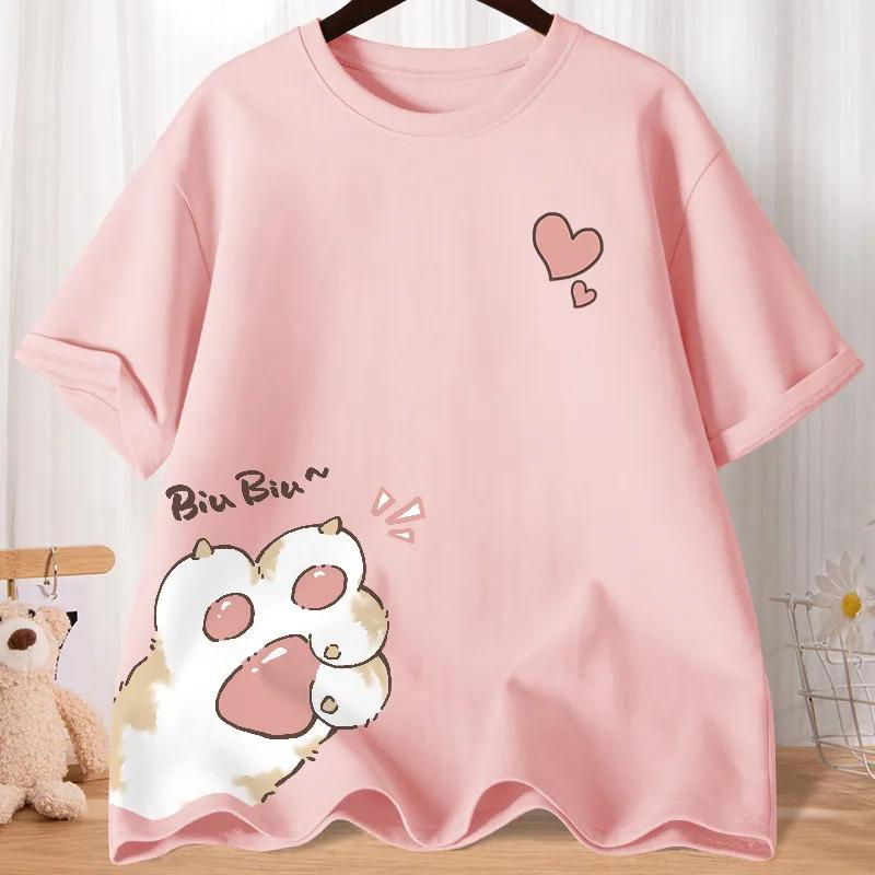 T-shirt à manches courtes pour femmes, ample, surdimensionné, avec griffe de chat douce, amour, impr