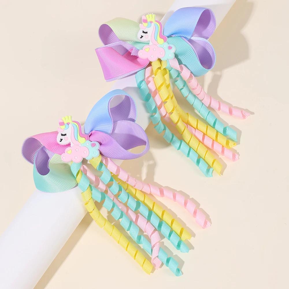 Pinces à cheveux licorne douces pour filles, Barrette à nœud, ruban à pampilles mignon, épingles à c