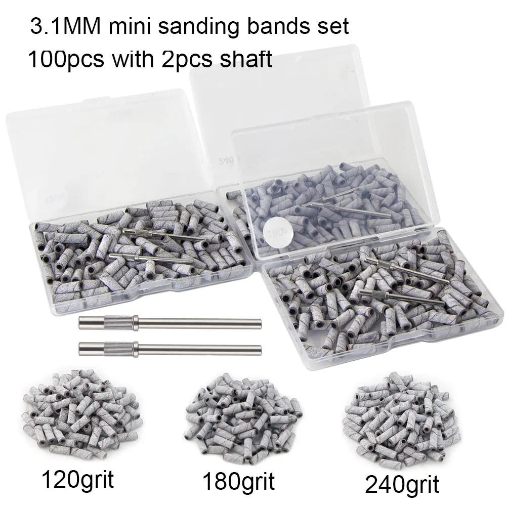 100 pièces 3.1mm Mini petites bandes de ponçage avec 2 pièces jeu d'embouts de mandrin forets à ongl