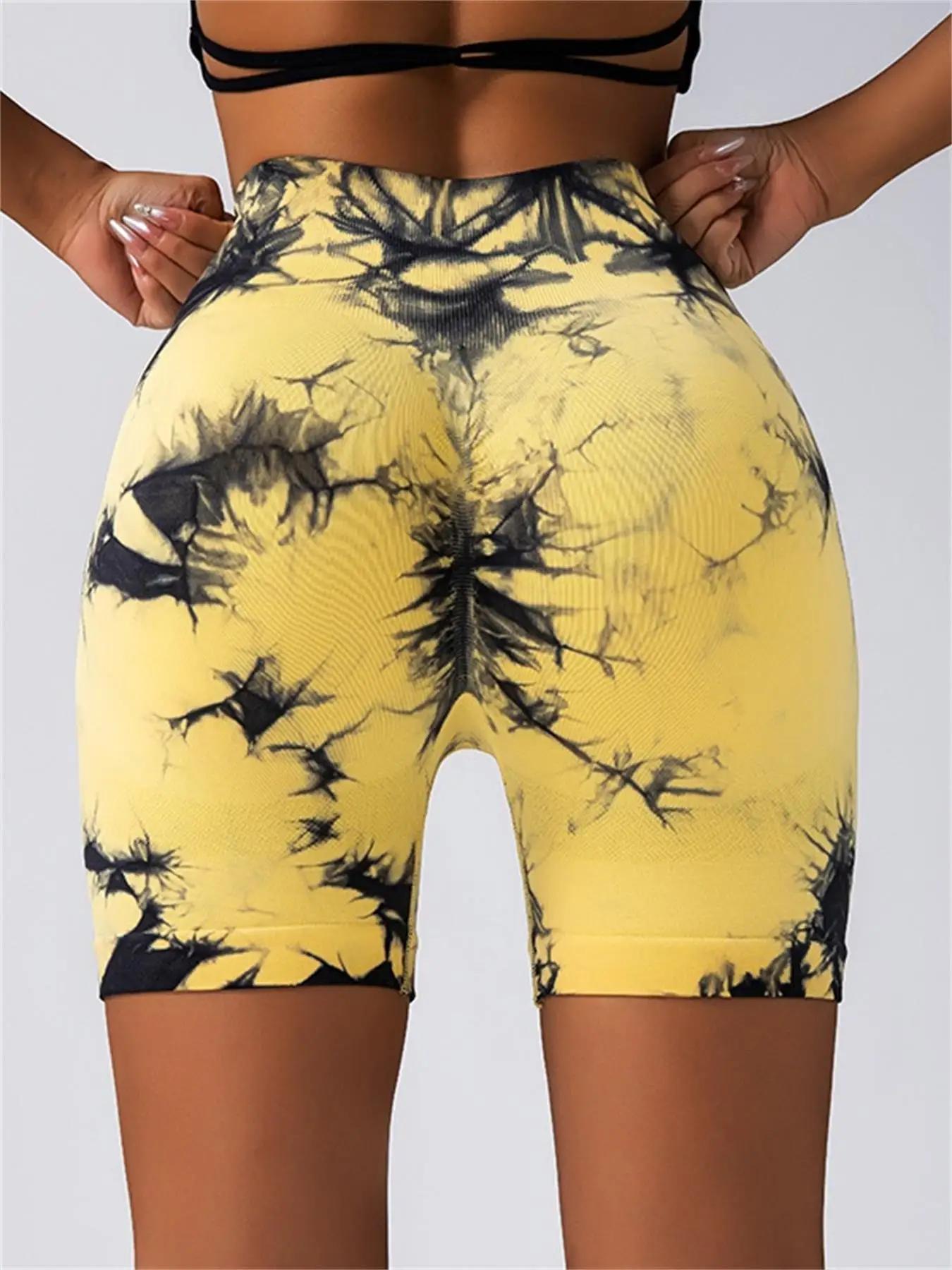 Short de sport froncé taille haute imprimé Tie Dye pour femmes, short slim décontracté, confortable