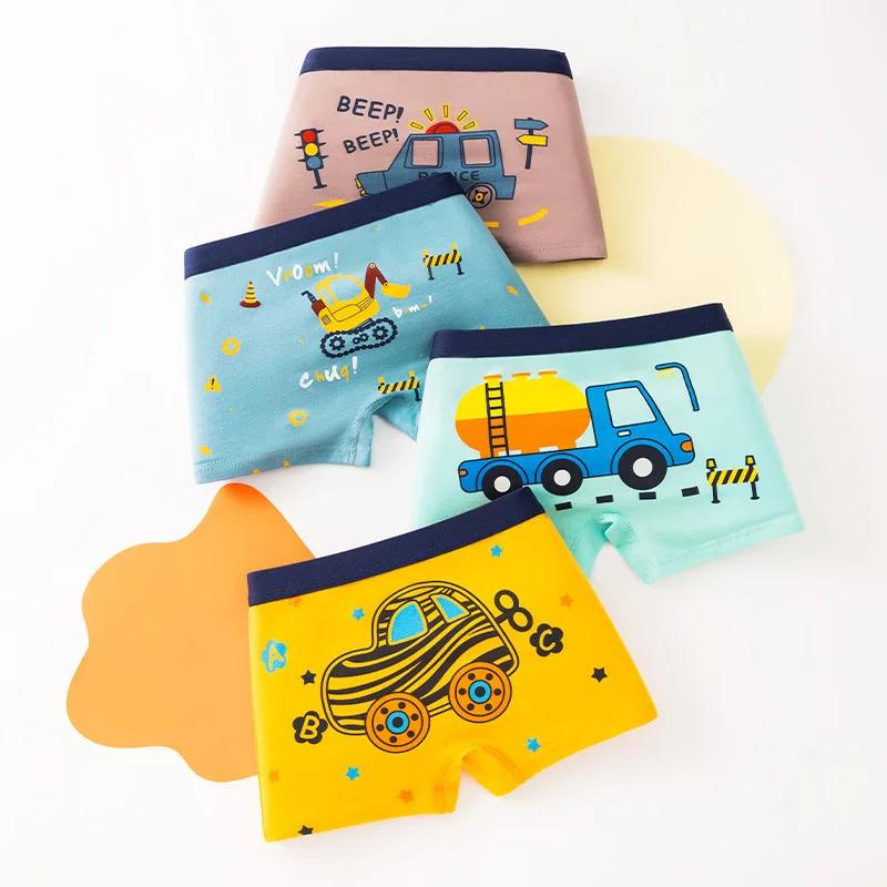 Lot de 4 culottes en coton pour garçon de 3 à 14 ans, sous-vêtements respirants pour enfants, motifs
