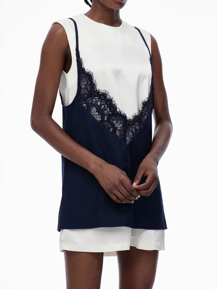 TWOTWINSTYLE Hit couleur épissé dentelle robes décontractées pour les femmes col rond sans manches b