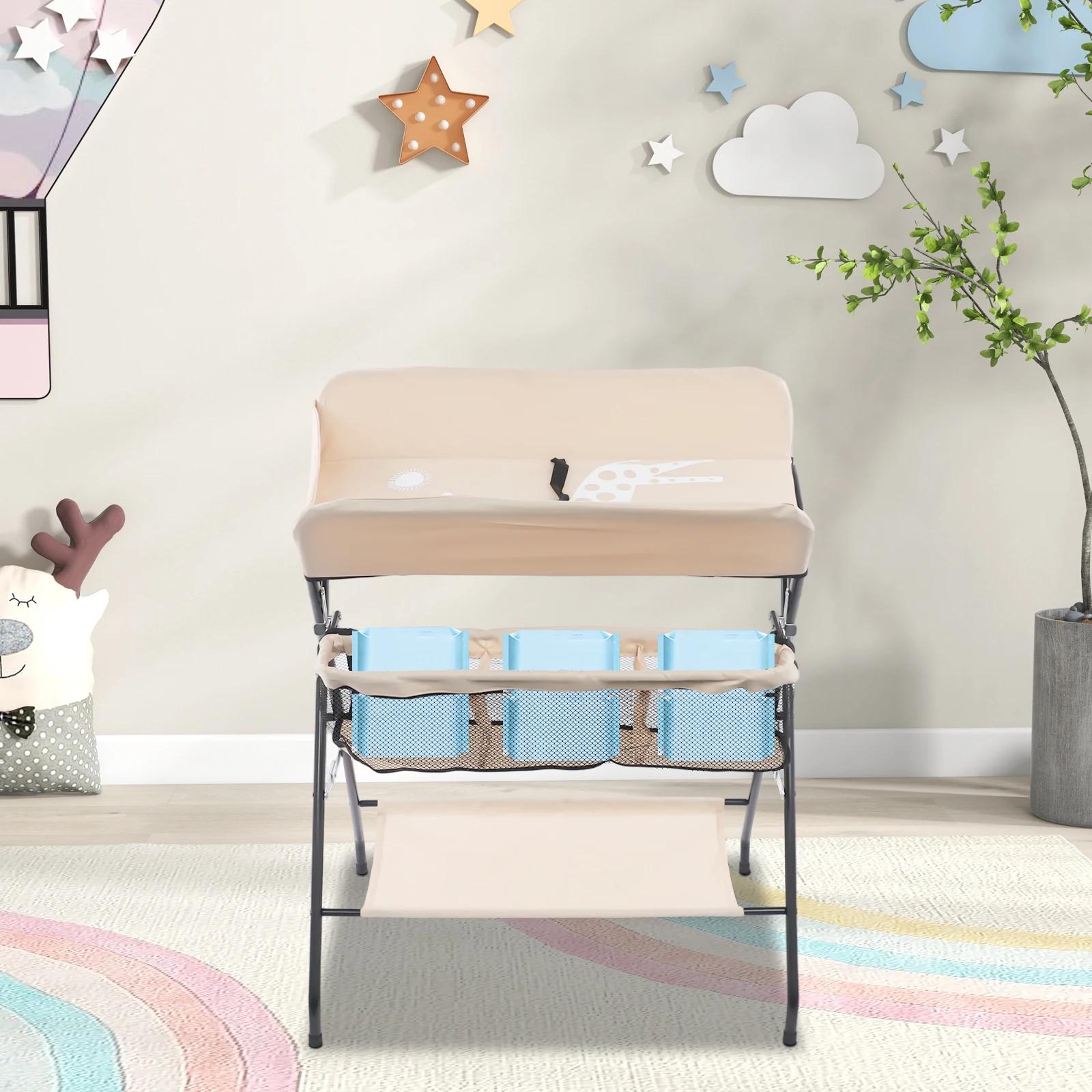 Table à langer pliable pour bébé, capacité de 33 lb, station à couches portable avec panier de range