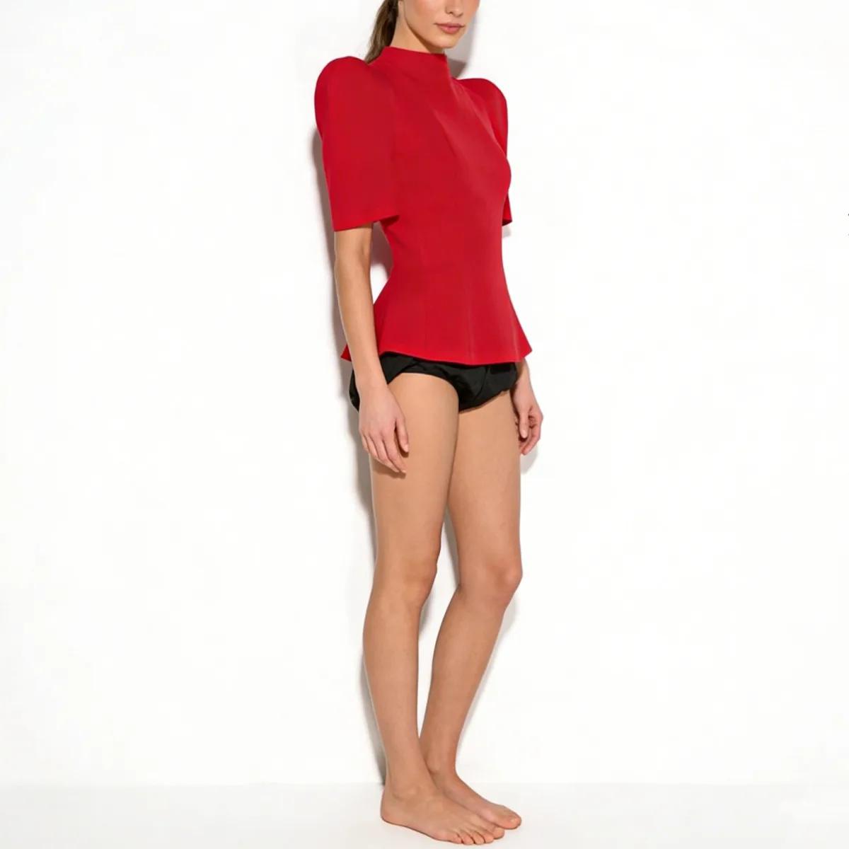 Haut Peplum Femme CiCi Col Montant Manches Courtes Bouffantes Silhouette Structurée Élégant Tenue de