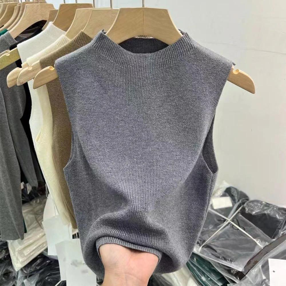 Débardeur femme couleur unie t-shirts tricotés recadrée Camisole pull demi-col roulé printemps autom