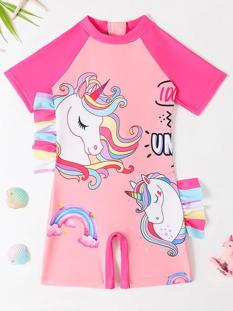 Filles enfants maillot de bain 2026 nouveau arc-en-ciel cheval siamois manches courtes maillots de b