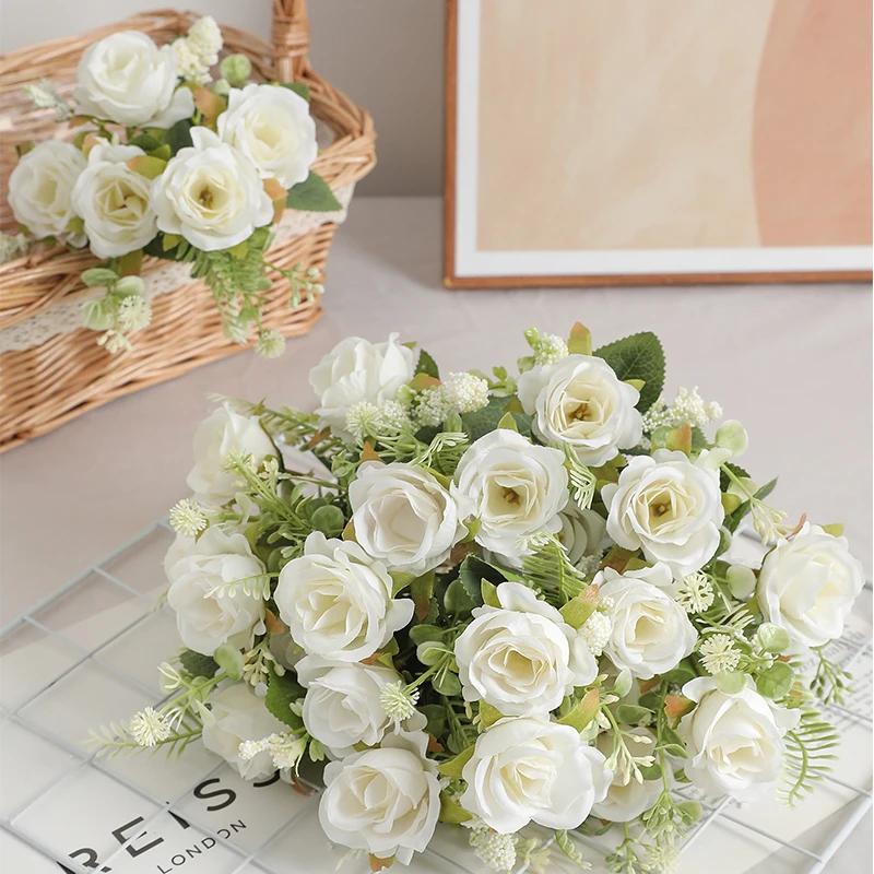 Bouquet de pivoines artificielles en soie blanche, 30cm, 5 grandes têtes, 4 petits bourgeons, décora