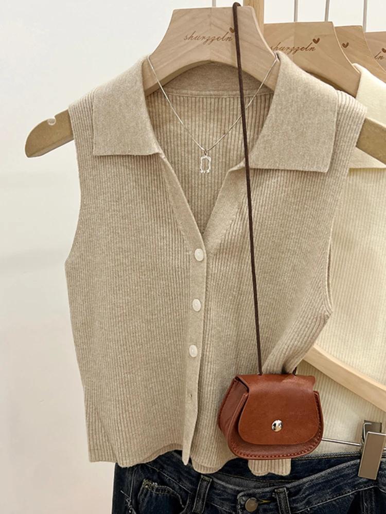 Cardigan tricoté de couleur unie pour femmes, pull coréen sans manches à simple boutonnage, col rond