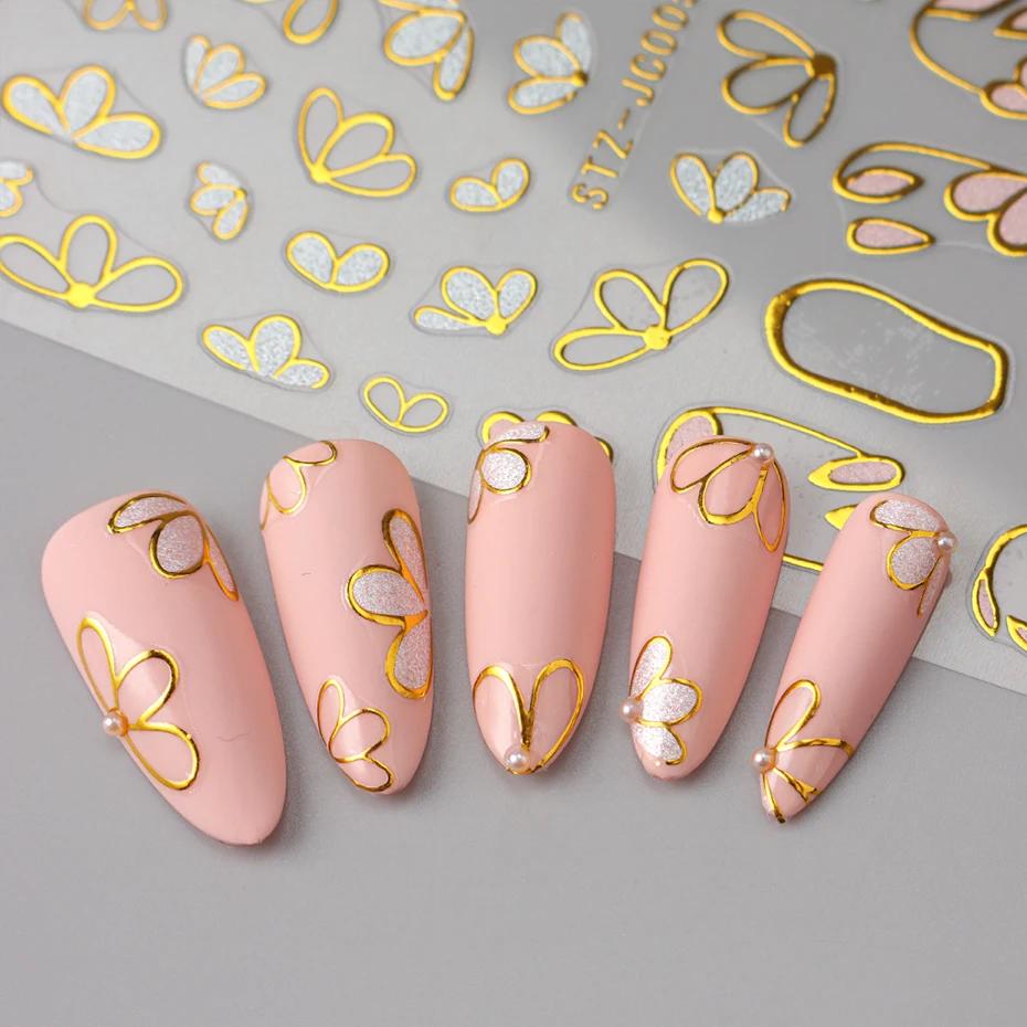 Autocollants pour ongles floraux à paillettes bronzantes 3D, pétales dorés, marguerite blanche, déca