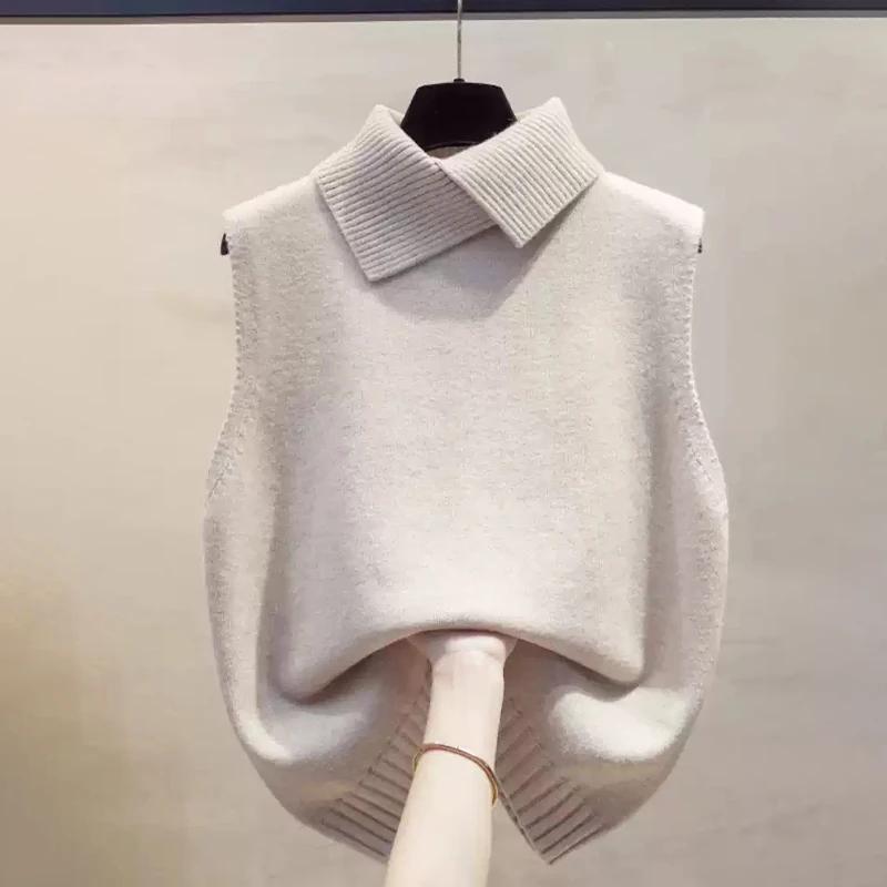 Automne hiver coréen couleur unie revers sans manches polyvalent décontracté tricoté gilet pour les