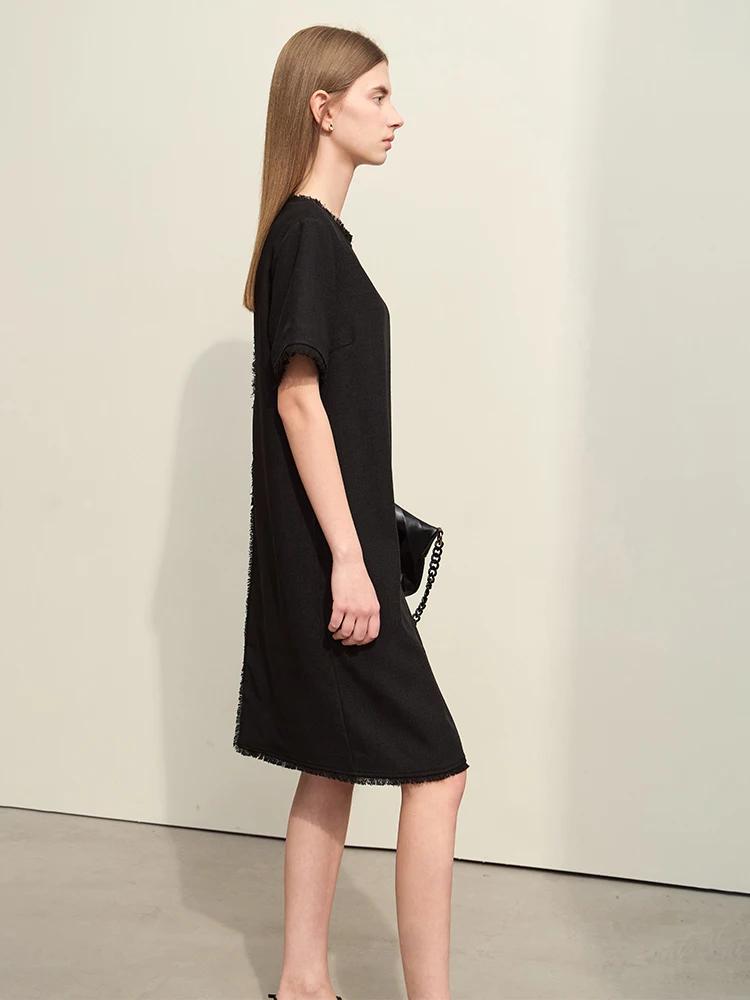 Amii-Robe mi-longue droite à manches courtes pour femmes, robes minimalistes, pompon épissé, léger,