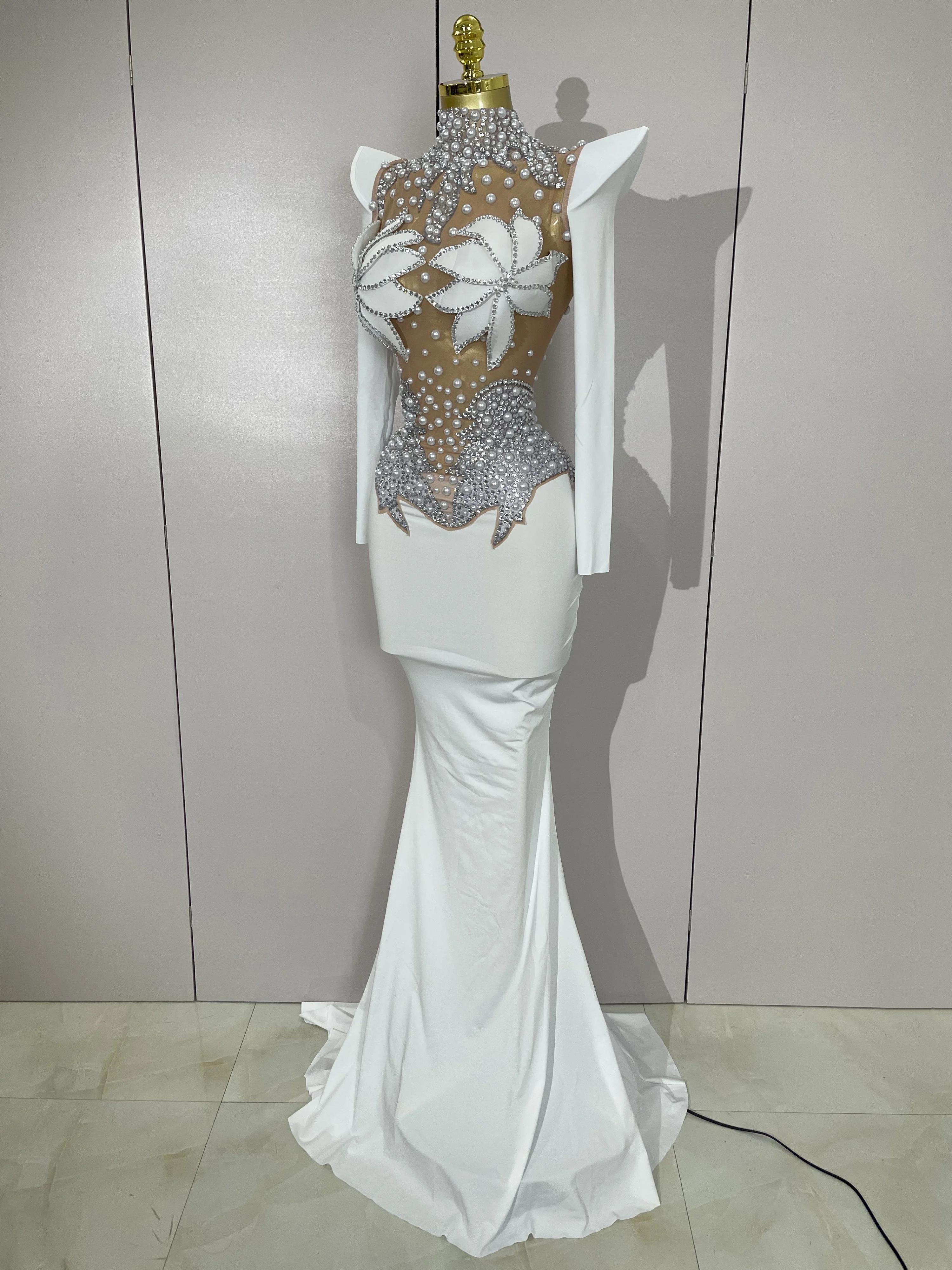Robe longue de luxe en maille transparente pour femmes, diamants scintillants, blanc perle, robe de