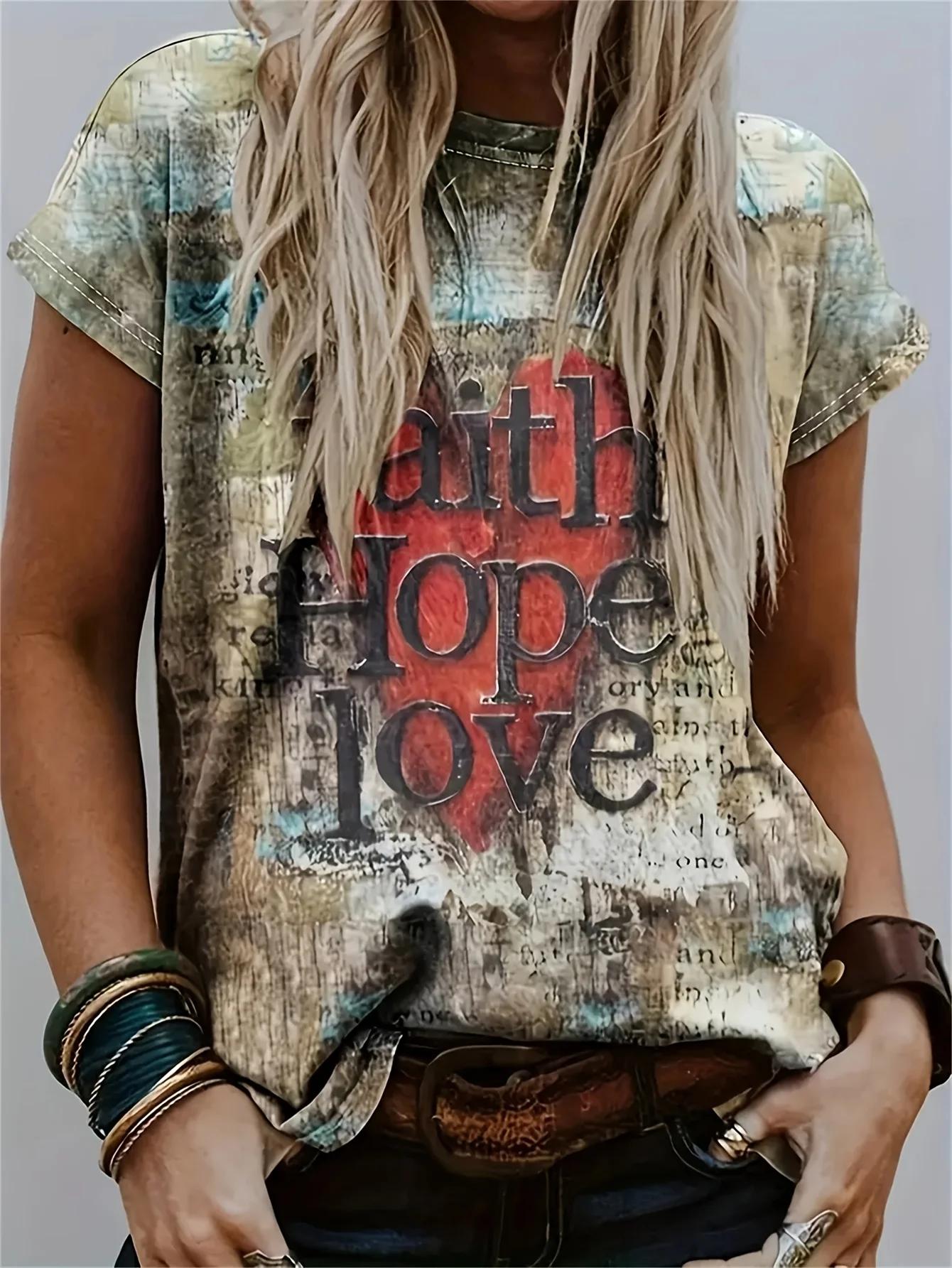 T-shirt vintage pour femme - Imprimé « Foi, Espérance, Amour » et motif cœur, design rustique et ins