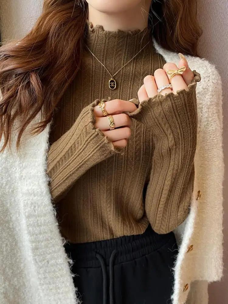 Pulls pour femmes à col roulé plissé 2026, automne hiver, pull chaud, hauts fins, pull en tricot, pu