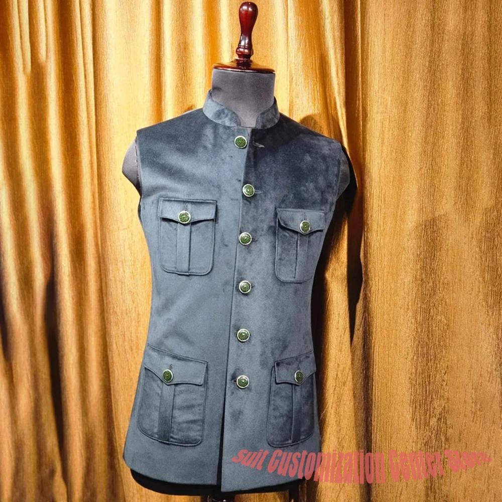 Blazer sans manches pour homme en velours gris foncé à col mandarin avec design multi-poches, luxe,