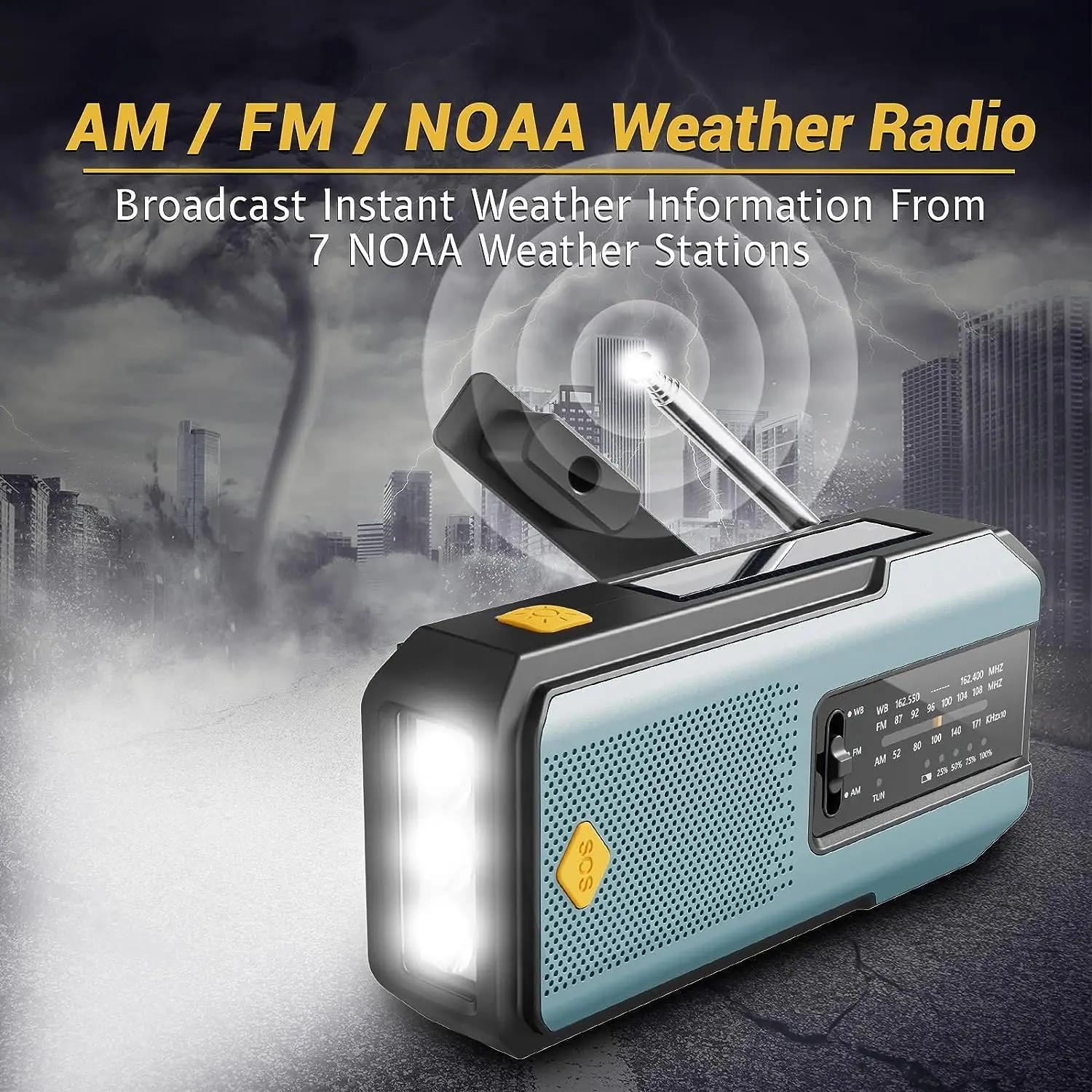 Radio météo d'urgence NOAA, radio portable à manivelle, alimentation solaire, AM/FM, alarme SOS, lam
