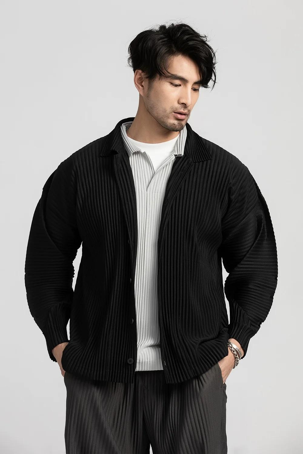Miyake chemise plissée chemise à revers noir à manches longues t-shirt pour hommes manteau décontrac