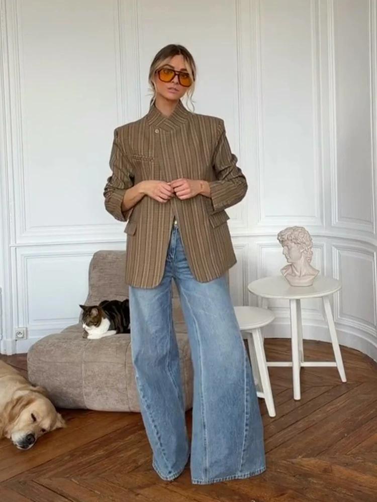Blazer à carreaux pour femme, col montant, manches longues, bouton unique, poches, veste de bureau d