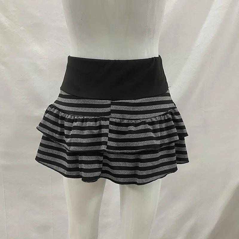 Mini jupe à volants rayée noire et grise, vêtements pour femmes Y2K Grunge, taille haute, taille éla