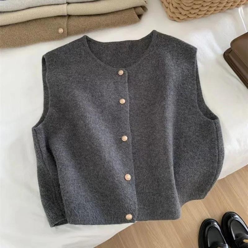 Cardigan coréen à col ras du cou pour femmes, boutons solides, manches courtes, manteaux, pull trico