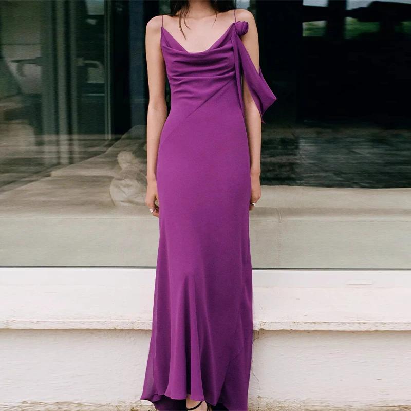 Robe longue en mousseline violette pour femme, collection été 2026, avec bretelles spaghetti, col dr