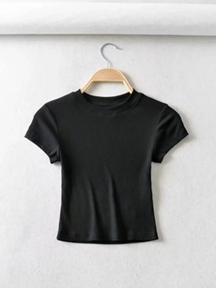 Été Sexy femmes col rond à manches courtes T-shirt mince élastique maigre culture hauts