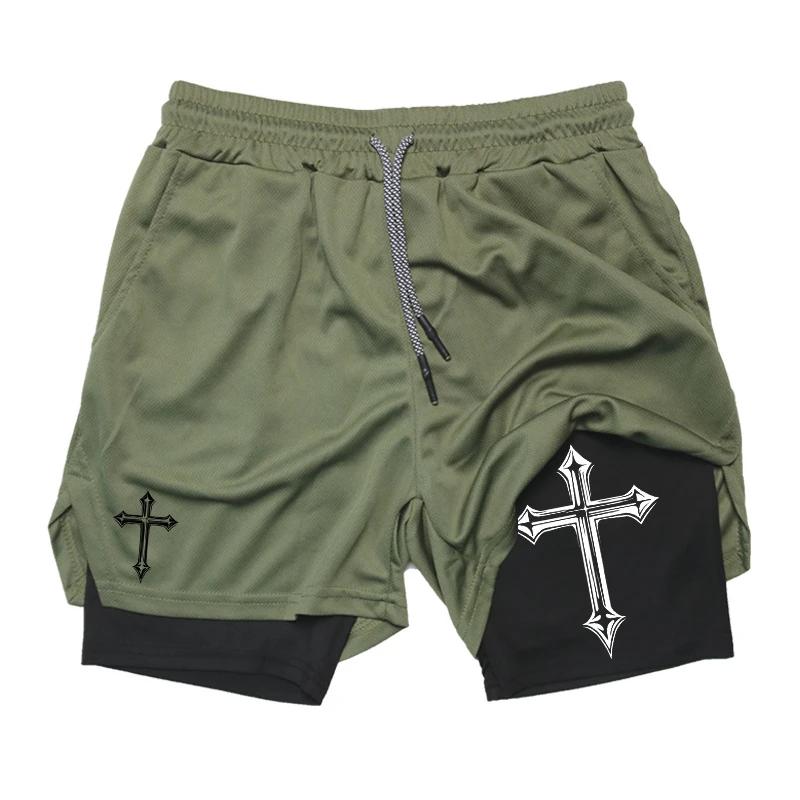Short d'entraînement 2 en 1 homme - Imprimé croisé avec doublure compression, poche téléphone et boucle serviette