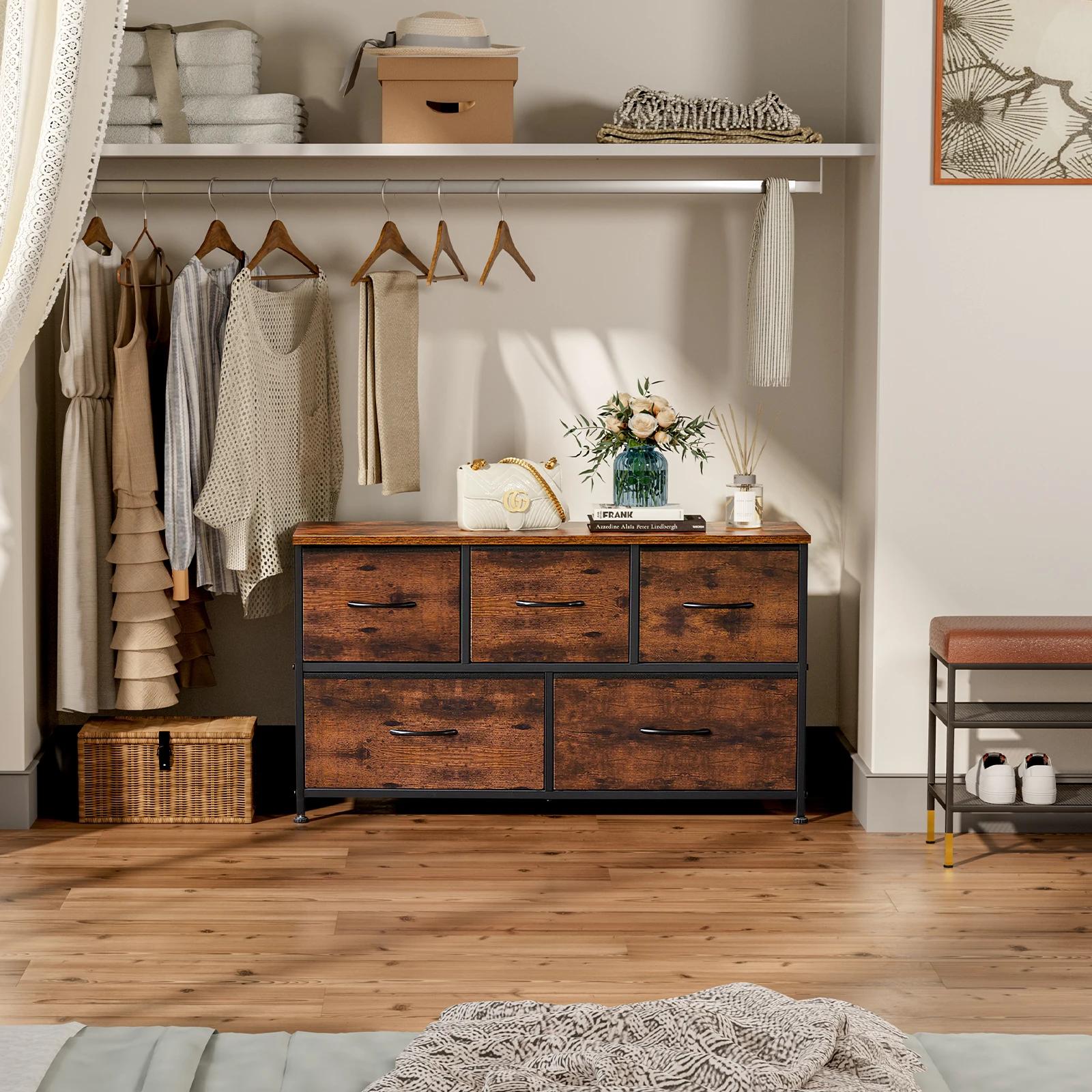 JHK salon vitrine couches avec 5 tiroirs en tissu armoire cadre en acier assemblage placard pour vêt