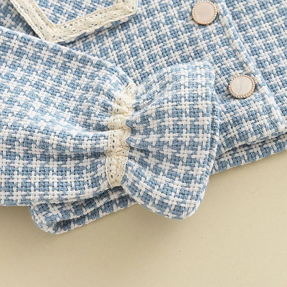 Ensemble 3 pièces à carreaux mille oiseaux pour fille – Manteau à gros revers + jupe gilet + cartabl