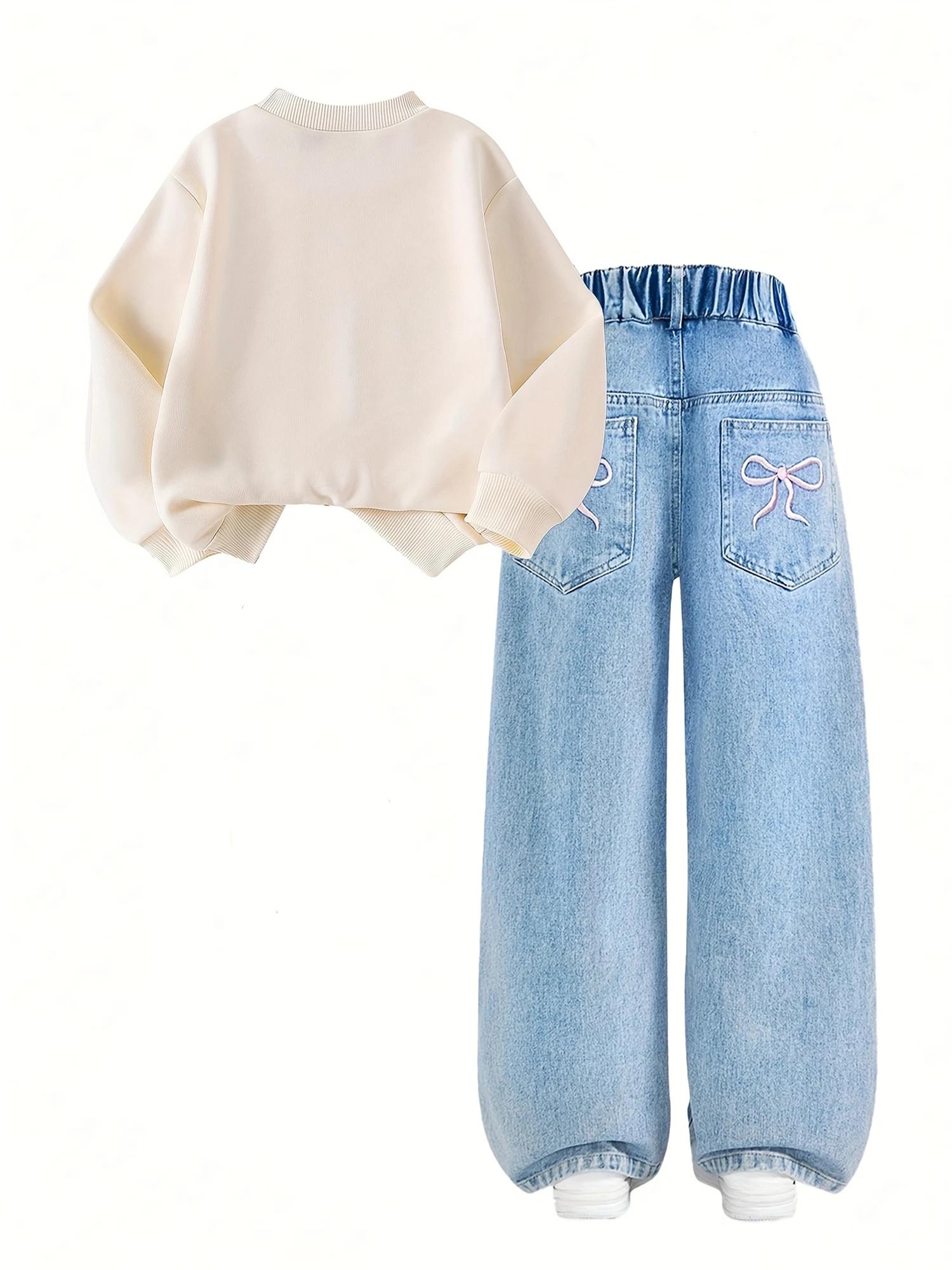 【Couplement haut + pantalon】 Ensemble à capuche + jean cousu à nœud à la mode pour fille, un tenue d