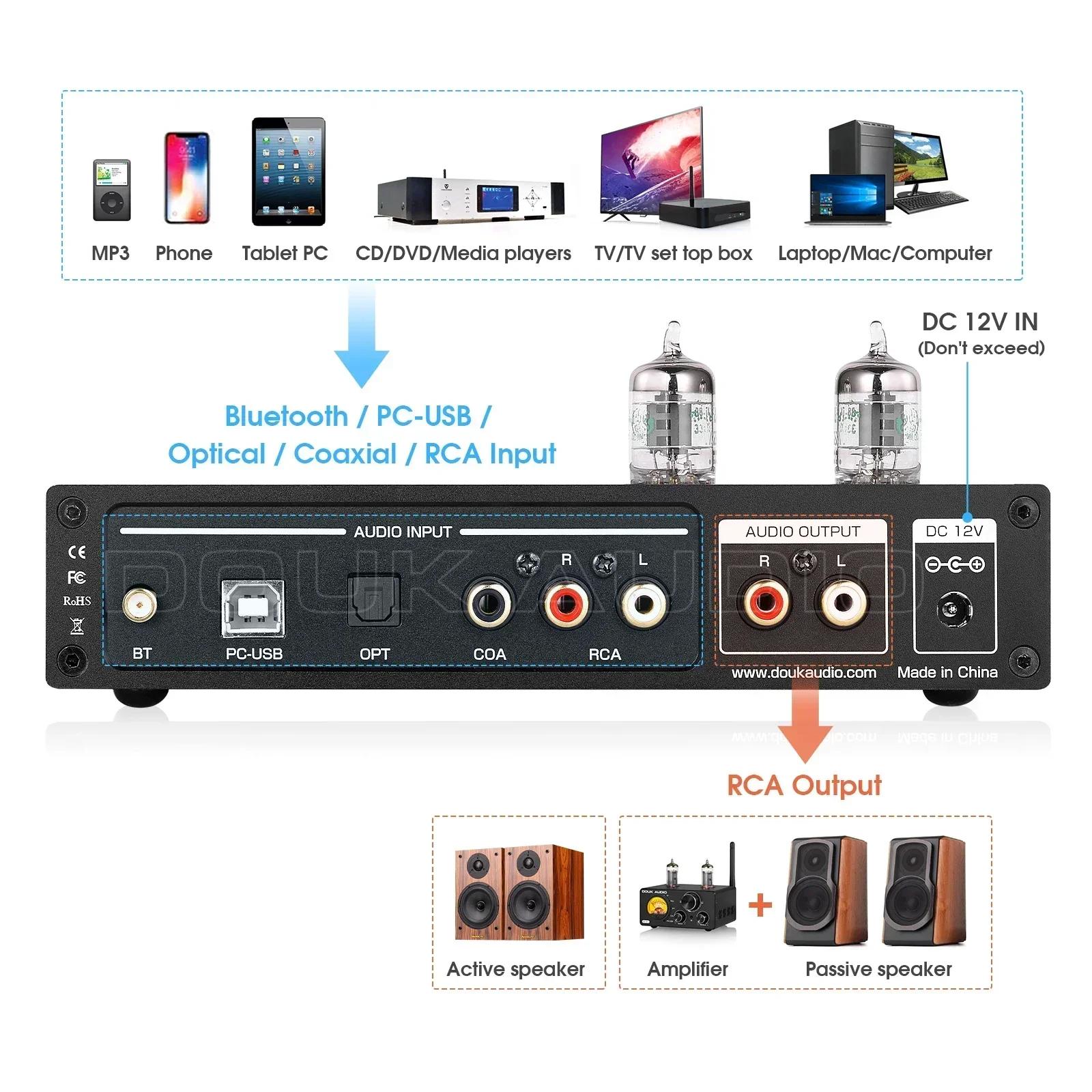 Douk Audio-Préampli à tubes HiFi JAN5654 avec récepteur Bluetooth 5.0, radiateur USB S/PDIF, adaptat