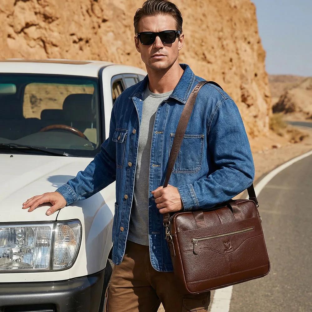 BULLCAPTAIN Sac à main en cuir véritable pour homme, sacoche de bureau portable pour ordinateur port