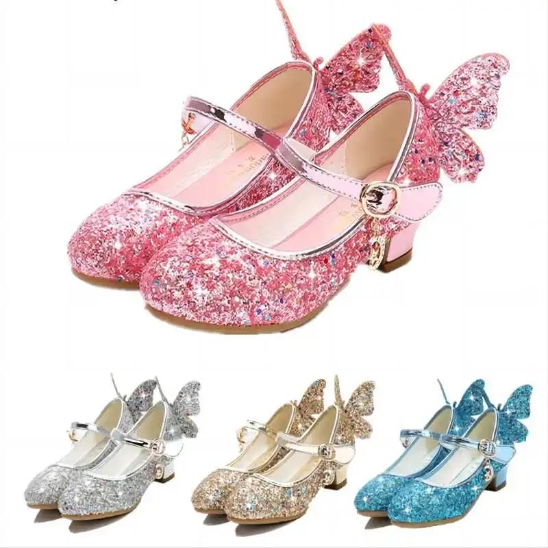Chaussures princesse papillon en cuir pour enfants, chaussures à talons hauts avec nœud papillon en