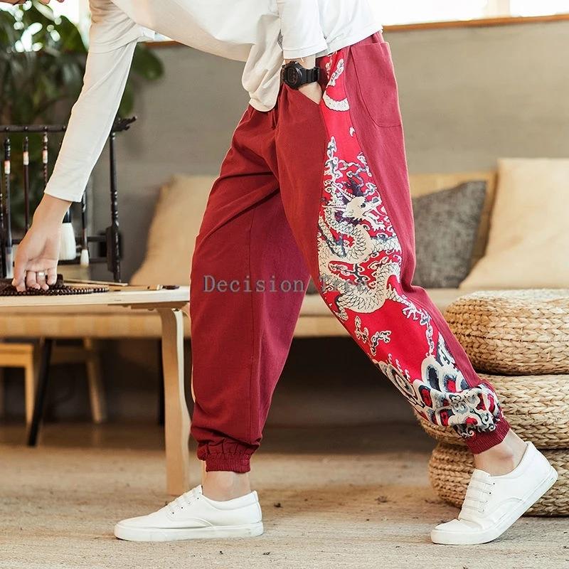 Pantalon costume Tang homme style ethnique chinois - Dragon coton lin été décontracté