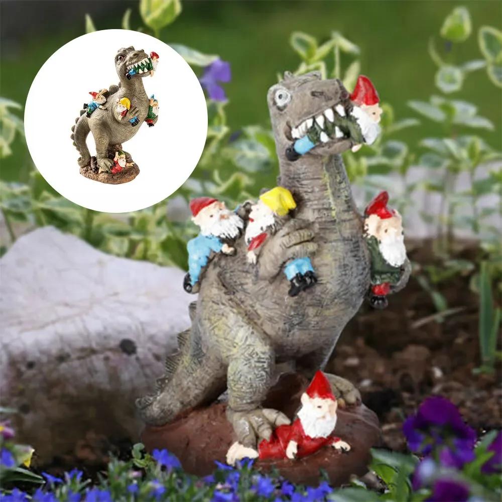Statue de dinosaure mangeant un gnome drôle, art de la cour, artisanat en résine, décor de jardin à