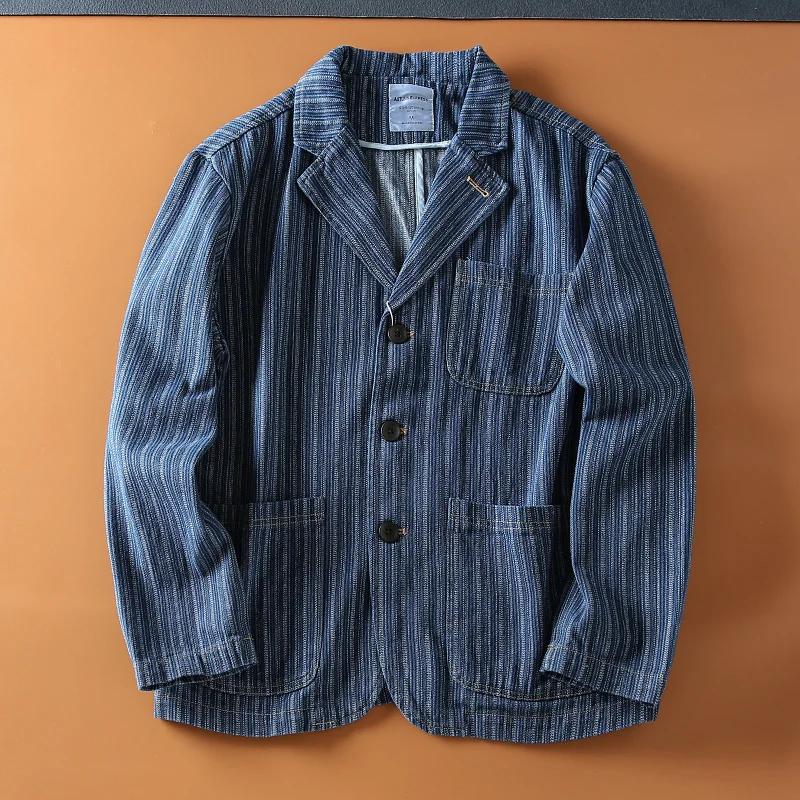 Haute qualité 100% coton japonais rétro Denim corvée Blazer-hommes coupe ample rayé décontracté auto
