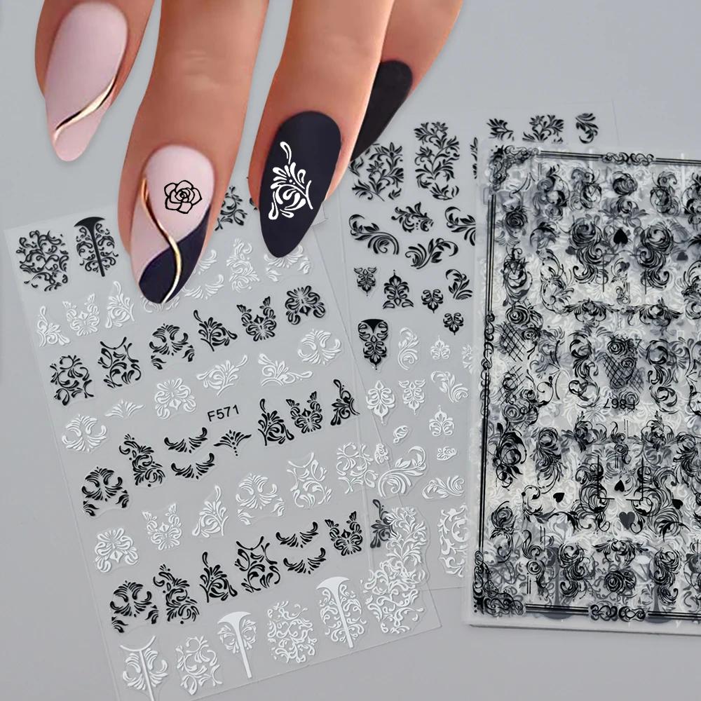 Autocollants 3D fleurs en dentelle noire et blanche pour Nail Art, étiquette auto-adhésive à ligne g